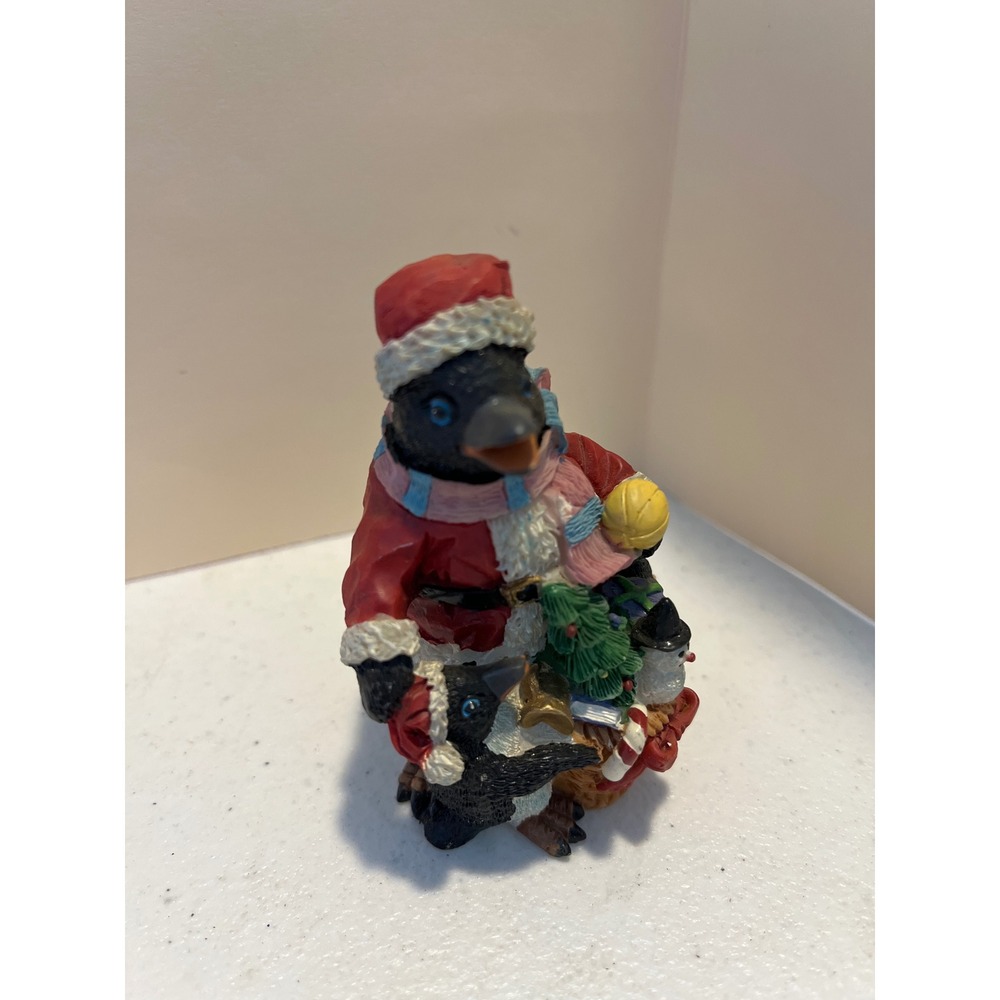 Christmas Santa Penguin Figurine with Baby Penguin and Holiday Sack Resin Decor